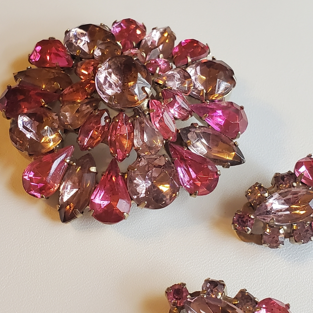 Vintage Rhinestone Earrings Brooch Set